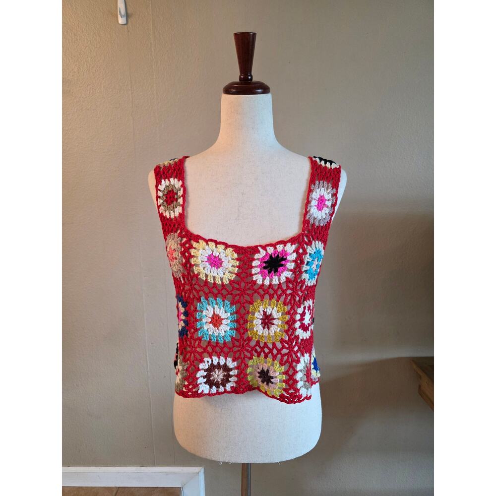 Red Crochet Square Tank Top - Multi-Color Floral Motifs